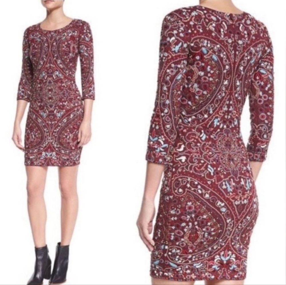 Haute Hippie MERLOT Embroidered Sheath Mini Dress